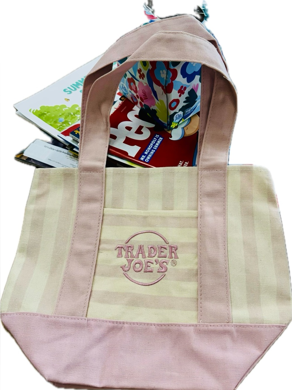 ❗️JUST DROPPED❗️Trader Joe's  Striped Mini Canvas Tote Bag - Lavendar & Cream